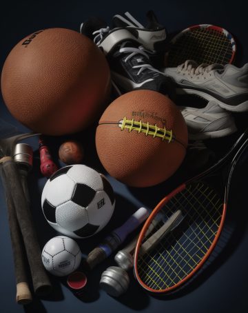 a close up of a bunch of different sports equipment on a table. generative ai.